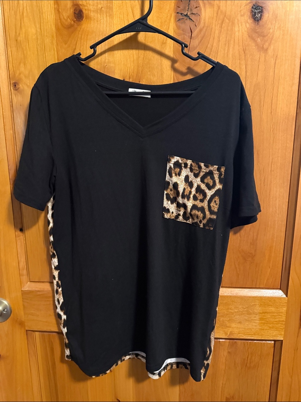 V-Neck Black Short Sleeve Top with Leopard Pocket - Women